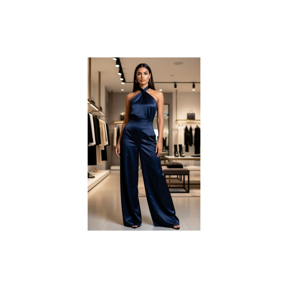 Glam Mob Wife Silk Maison Black Halter  Jumpsuit Elegant Evening Chic -S